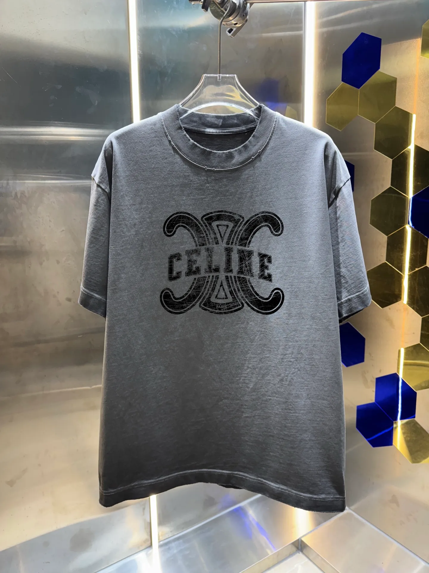Celi*ne Celine Celin 2026 Spring and Summer Simple Letters Personalized Logo Customized Double Yarn Plain Cotton Fabric Short-sleeved T-shirt Men and Women Same Style Hangtag Collar Label Washed Mark Three Complete Labels Colors: Washed Black Washed White Washed Gray Washed Purple Sizes: S M L XL XXL
